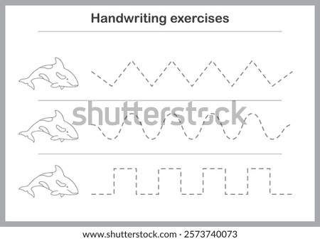 Basic writing exercises. Trace line worksheets for children. Preschool handwriting practice. Vector illustration. A4 - ready to print format.
