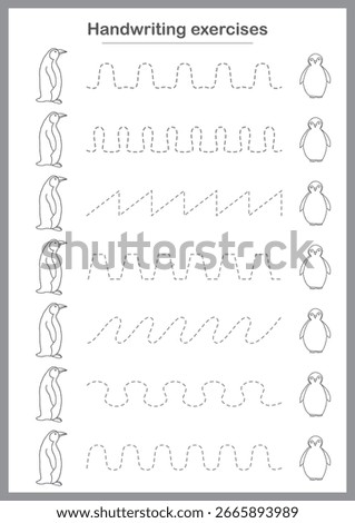 Basic writing exercises. Trace line worksheets for children. Preschool handwriting practice. Vector illustration. A4 - ready to print format.