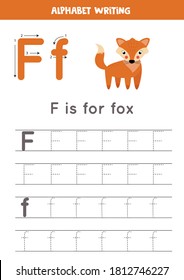 Basic writing practice for kindergarten kids. Alphabet tracing worksheet with all A-z letters. Tracing letter F with cute cartoon fox. Educational grammar game.