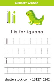 Basic writing practice for kindergarten kids. Alphabet tracing worksheet with all A-z letters. Tracing letter I with cute cartoon iguana. Educational grammar game.