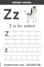 Basic writing practice for kindergarten kids. Alphabet tracing worksheet with all A-z letters. Tracing letter Z with cute cartoon zebra. Educational grammar game.