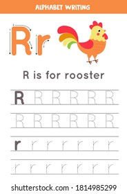 Basic writing practice for kindergarten kids. Alphabet tracing worksheet with all A-z letters. Tracing letter R with cute cartoon rooster. Educational grammar game.