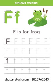 Basic writing practice for kindergarten kids. Alphabet tracing worksheet with all A-z letters. Tracing letter F with cute cartoon frog. Educational grammar game.