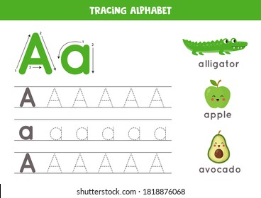 Basic writing practice for kindergarten kids. Alphabet tracing worksheet with all Az letters. Tracing uppercase and lowercase letter A with cute cartoon alligator, apple, avocado. Educational  game. svg