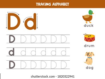 Basic writing practice for kindergarten kids. Alphabet tracing worksheet with all A-z letters. Tracing uppercase and lowercase letter D with cute cartoon duck, drum, dog. Educational grammar game. svg
