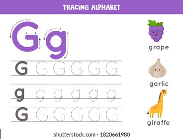 Basic writing practice for kindergarten kids. Alphabet tracing worksheet with all A-z letters. Tracing uppercase and lowercase letter G with cute cartoon grape, giraffe, garlic. Educational game. svg
