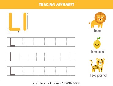Basic writing practice for kindergarten kids. Alphabet tracing worksheet with all AZ letters. Tracing uppercase and lowercase letter L with cute cartoon lion, lemon, leopard. Educational grammar game. svg