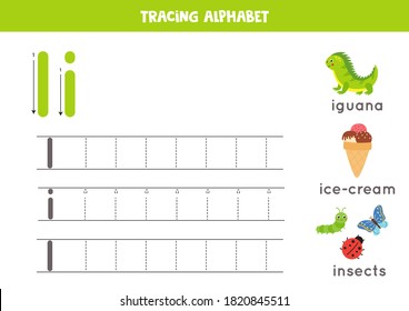 Basic writing practice for kindergarten kids. Alphabet tracing worksheet with all Az letters. Tracing uppercase and lowercase letter I with cute cartoon insect, iguana, ice cream. Educational game. svg