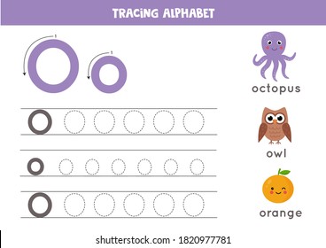 Basic writing practice for kindergarten kids. Alphabet tracing worksheet with all AZ letters. Tracing uppercase and lowercase letter O with cute cartoon octopus, owl, orange. Educational grammar game. svg