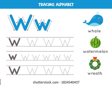 Basic writing practice for kindergarten kids. Alphabet tracing worksheet with all AZ letters. Tracing uppercase and lowercase letter W with cute whale, wreath, watermelon. Educational grammar game. svg