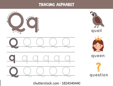 Basic writing practice for kindergarten kids. Alphabet tracing worksheet with all Az letters. Tracing uppercase and lowercase letter Q with cute cartoon quail, queen, question. Educational game. svg