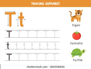 Basic writing practice for kindergarten kids. Alphabet tracing worksheet with all AZ letters. Tracing uppercase and lowercase letter T with cute cartoon tiger, turtle, tomato. Educational  game. svg