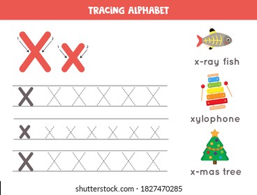 Basic writing practice for kindergarten kids. Alphabet tracing worksheet with all Az letters. Tracing uppercase and lowercase letter X with cute cartoon x ray fish, xylophone, xmas tree.  svg