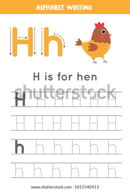 Basic writing practice for\
kindergarten kids. Alphabet tracing worksheet with all A-z letters.\
Tracing letter H with cute cartoon hen. Educational grammar\
game.