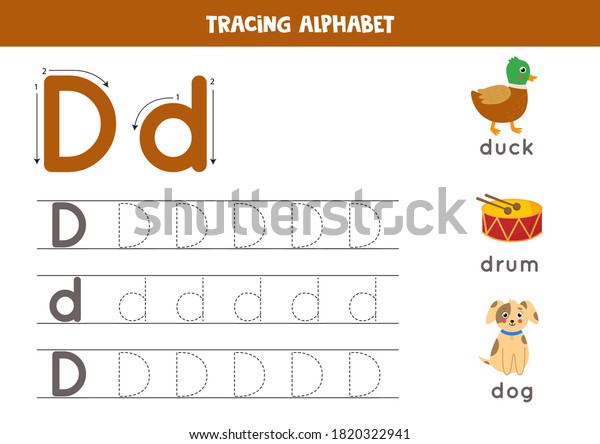 Basic writing practice for kindergarten kids.\
Alphabet tracing worksheet with all A-z letters. Tracing uppercase\
and lowercase letter D with cute cartoon duck, drum, dog.\
Educational grammar\
game.