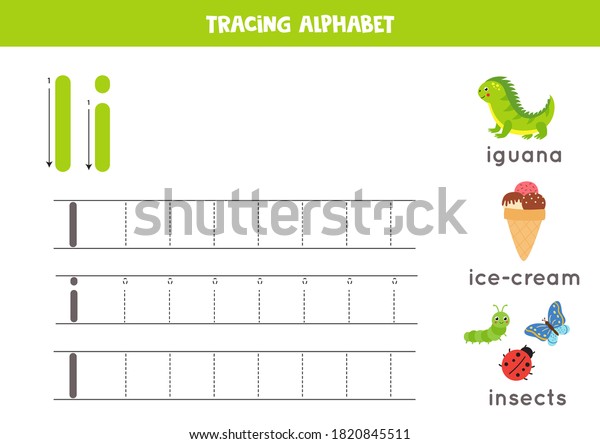 Basic writing practice for kindergarten kids.\
Alphabet tracing worksheet with all Az letters. Tracing uppercase\
and lowercase letter I with cute cartoon insect, iguana, ice cream.\
Educational game.