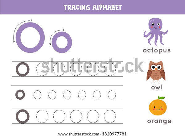 Basic writing practice for kindergarten kids.\
Alphabet tracing worksheet with all AZ letters. Tracing uppercase\
and lowercase letter O with cute cartoon octopus, owl, orange.\
Educational grammar\
game.