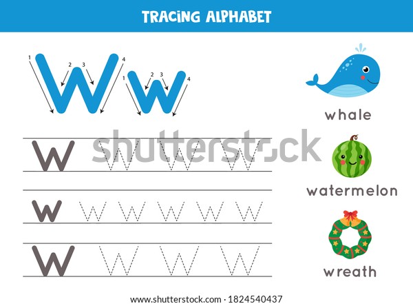Basic writing practice for kindergarten kids.\
Alphabet tracing worksheet with all AZ letters. Tracing uppercase\
and lowercase letter W with cute whale, wreath, watermelon.\
Educational grammar\
game.