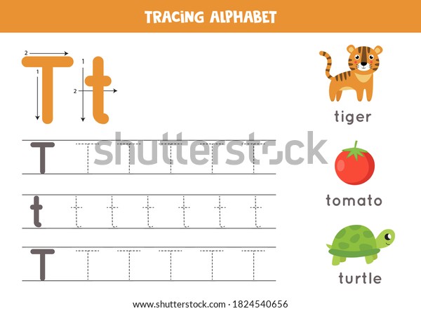 Basic writing practice for kindergarten kids.\
Alphabet tracing worksheet with all AZ letters. Tracing uppercase\
and lowercase letter T with cute cartoon tiger, turtle, tomato.\
Educational  game.