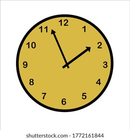 Basic yellow clock on white vector showing almost 2:00 for time concepts. 