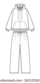 Basic zip-up Hoodie e Sweatwear set Technical Fashion Flats. Combinando capuz e calças Loungewear Vetor Modelo. Desenho frontal. Ajuste Relaxado. Conjunto Casual Unisex. Conjunto de montagem CAD.