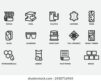 basics industry raw materials outline icon set .foam ,glass ,petrochemcial and others