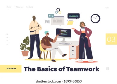 Basics of teamwork landing page concept with team of web developers and programmers working together. Group of ux and web designers or coders brainstorming. Cartoon flat vector illustration