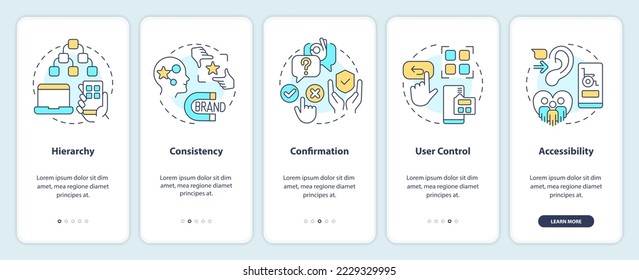 Basics of user experience design onboarding mobile app screen. Walkthrough 5 steps editable graphic instructions with linear concepts. UI, UX, GUI template. Myriad Pro-Bold, Regular fonts used