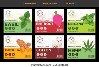 Basil Beetroot label Oregano Turmeric packaging design Cotton Hemp oil set template design spice vegetable herbs food premium quality print ready editable vector packaging design layout collection