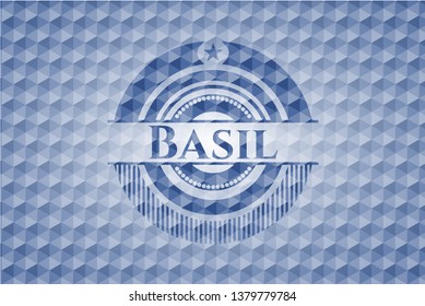 Basil blue emblem or badge with abstract geometric polygonal pattern background.