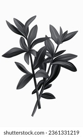 Basil branches, isolated vector elements 3d. Black and white stem with leaves. Fragrant plant branch, a bush of fresh basil, bundle. An ingredient for cooking and decorating food, seasoning.