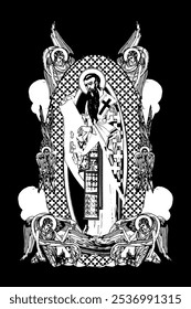 Basil of Caesarea. Illustration with angels and seraphim in heaven black and white in Byzantine style