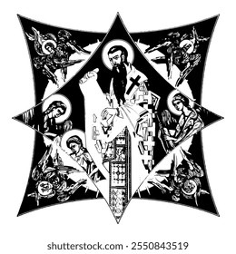 Basil of Caesarea on cross dome with 4 apostles, angels and seraphim. Ink illustration black and white in Byzantine style isolated