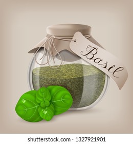 Basil dry spice in a jar with basil leaves. Vector illustration