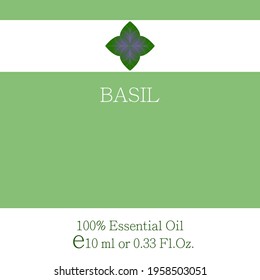 Basil. Diseño esencial de la etiqueta de aceite. Plantilla de empaquetado de cosméticos. Imagen vectorial sobre el tema de la aromaterapia.