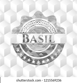 Basil grey badge with geometric cube white background