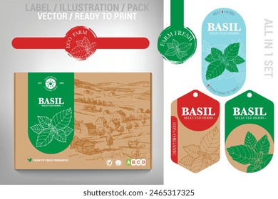 Basilikumkraut-Verpackungsdesign-Set mit modernen Illustrationen, Aufklebern, Etiketten. Ideal für Kräuterfarmen, Lebensmittelgeschäfte und Spezialitätenmarken, die ein umweltfreundliches Essen suchen