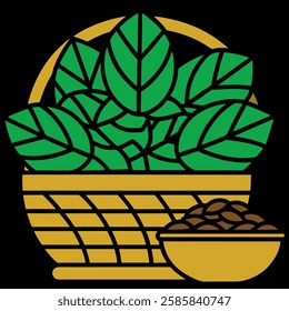 Basil Leaves in Basket with Small Bowl of Dried Basil Vector Art Illustration