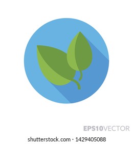 Basil leaves flat design round icon. Color symbol of herbs and seasoning. Long shadow vector illustration in a circle isolated on white background.