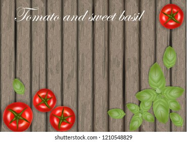 Basil leaves on wooden background with tomatoes. Tomato banner on wood.  Place for text. Vector illustration.