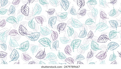 Las hojas de albahaca delinean el Diseño gráfico de Vector sin costuras. Fondo dibujado a mano floral. Estampado textil de follaje de abedul o tilo. Patrón de papel de envoltura de hojas de garabato orgánico de verano. Hojas de planta doméstica