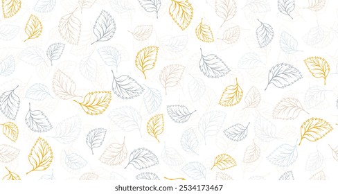 Hojas de albahaca Vector de contorno Diseño gráfico sin patrón. Fondo dibujado a mano floral. Estampado textil de follaje de abedul o tilo. El doodle orgánico de primavera deja un patrón continuo. Diseño de botánica.