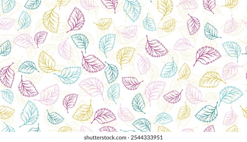 Manjericão deixa vetor contorno sem emenda padrão gráfico design. Fundo desenhado à mão floral. Impressão têxtil de folhagem de bétula ou manjericão. Verão doodle orgânico folhas de papel de embalagem padrão. Tela mínima 