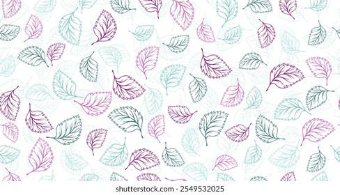 Hojas de albahaca Vector de contorno Diseño gráfico sin patrón. Fondo dibujado a mano floral. Estampado textil de follaje de abedul o tilo. Modelo orgánico del papel de envoltura de las hojas del doodle del verano. Hoja de planta de casa