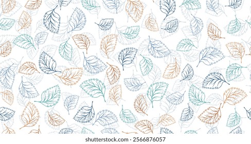 Basil leaves outline vector seamless pattern graphic design. Floral hand drawn background. Basil or linden foliage fabric print. Autumn organic doodle leaves wrapping paper pattern. Houseplant leaf