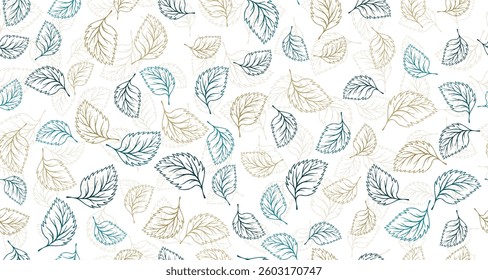 Basil leaves outline vector seamless pattern graphic design. Floral hand drawn background. Birch or basil foliage textile print. Spring organic doodle leaves continuous pattern. Eco design.