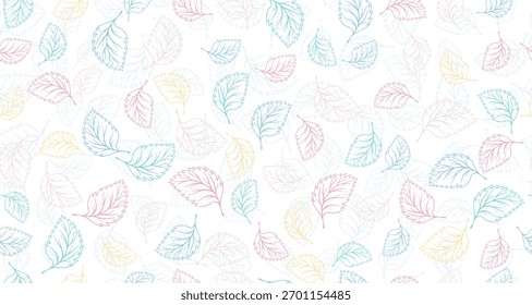 Basil leaves outline vector seamless pattern graphic design. Floral hand drawn background. Birch or linden foliage textile print. Autumn organic doodle leaves wrapping paper pattern. Eco design.