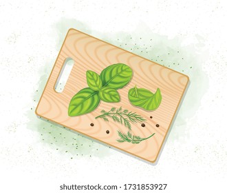 Basil leaves vector illustrations on a wooden chopping board