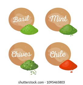 Basil and mint spices set chives and chile powder, plant flavouring dry aromatic herb, seasoning organic cooking condiment vector illustration isolated