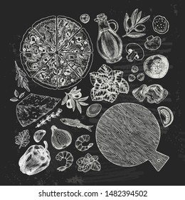 Basil, mozarella, tomato, olive, garlic pepper, onion, anchovy, parmesan. Italian pizza ingredients. Vector illustration